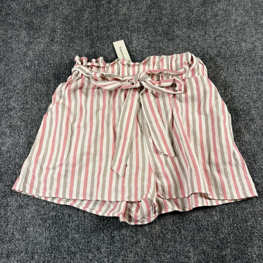 Francesca's Mi Ami Shorts Women's M Pink Striped Paperbag Linen Blend Belted NWT